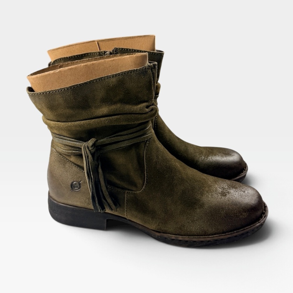 Born Cross Ankle Bootie Women 11 Green Herb Distressed Suede Tassel New